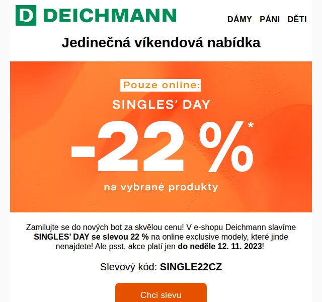 DEICHMANN: Singles' Day 22% sleva na online modely – červenec 2026 | Nuslet.cz