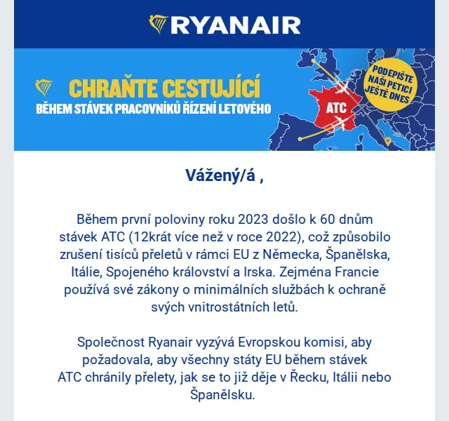 Ryanair: Podepište petici za ochranu cestujících – červenec 2026 | Nuslet.cz