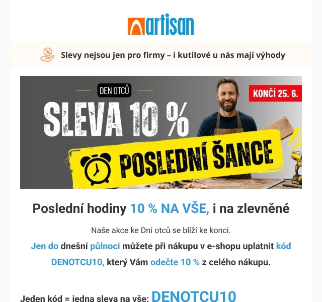 Artisan.cz: Sleva 10 % na stavební materiál – červen 2026