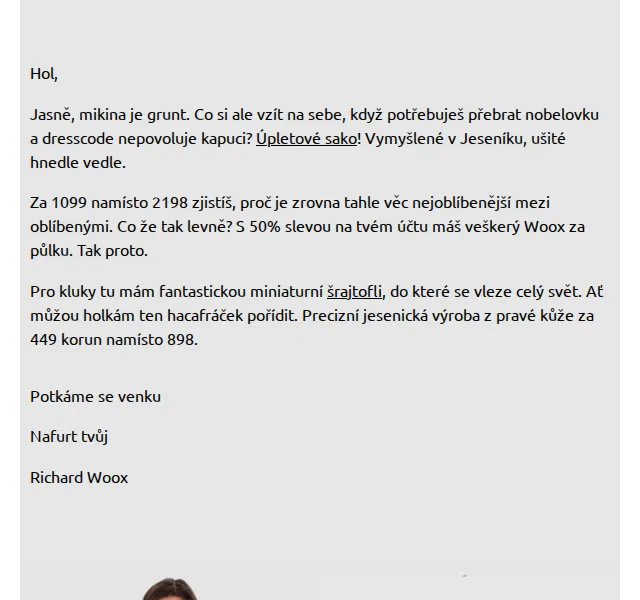 Richard Woox: Úpletové sako a kožená peněženka v 50% slevě – červenec 2026 | Nuslet.cz