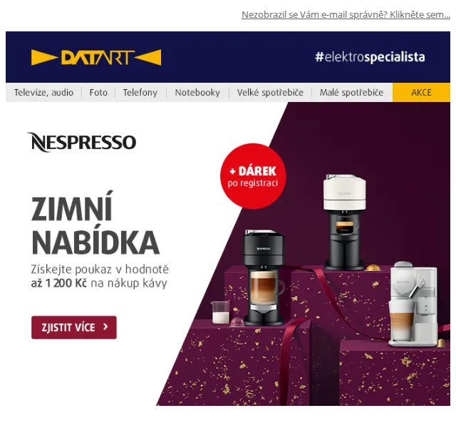 DATART: Kávovary Nespresso s kávou zdarma až 1 200 Kč – červen 2026 | Nuslet.cz