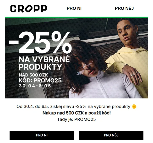 Cropp: sleva 25 % na vybrané produkty – červenec 2026 | Nuslet.cz