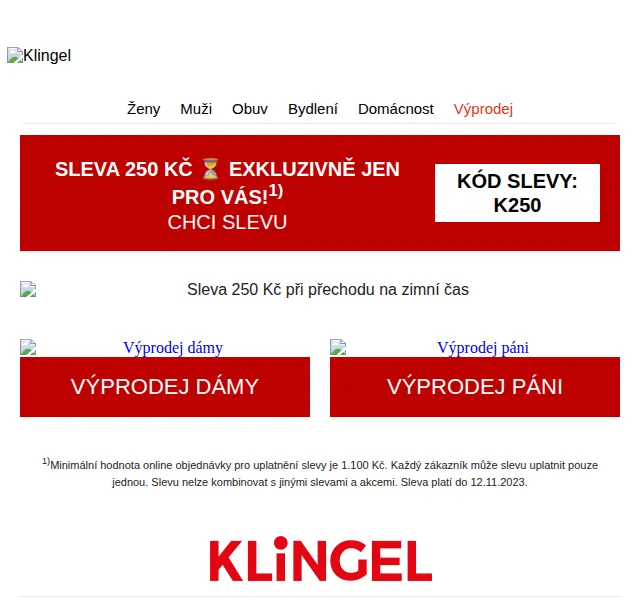 KLiNGEL.cz: sleva 250 Kč na minimum 1100 Kč – červenec 2026 | Nuslet.cz