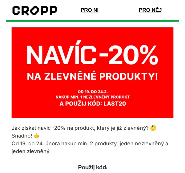 Cropp: Navíc -20% na zlevněné produkty – únor 2026 | Nuslet.cz
