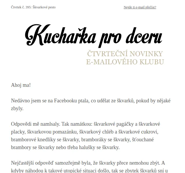 Florentýna - Kuchařka pro dceru: Škvarkové pesto – červen 2026 | Nuslet.cz