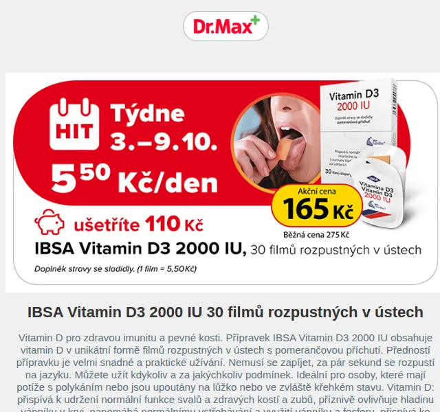 Dr.Max E-shop: SLEVA 110 Kč na Vitamin D3 2000 IU – červen 2026 | Nuslet.cz
