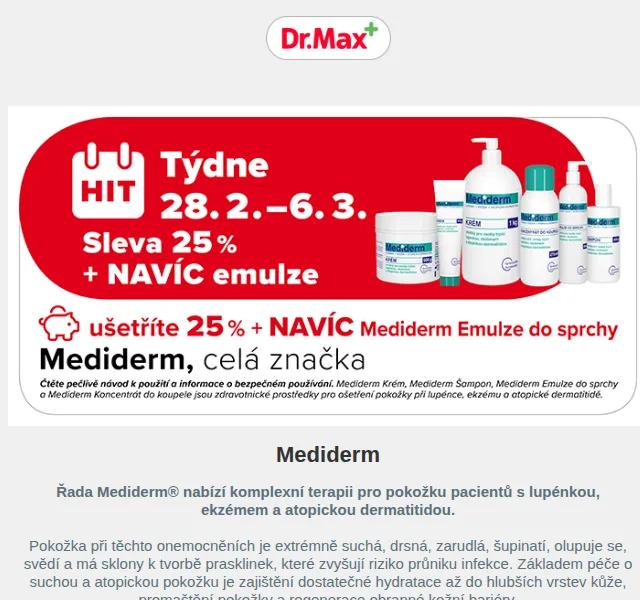 Dr.Max E-shop: Mediderm se slevou 25 % a emulze zdarma – březen 2026 | Nuslet.cz