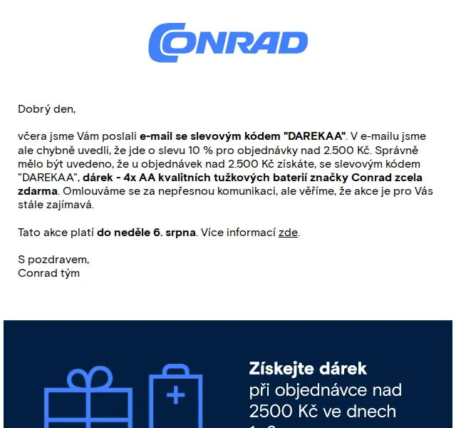 Conrad Electronic: Dárek zdarma (4x AA baterie) – červenec 2026 | Nuslet.cz