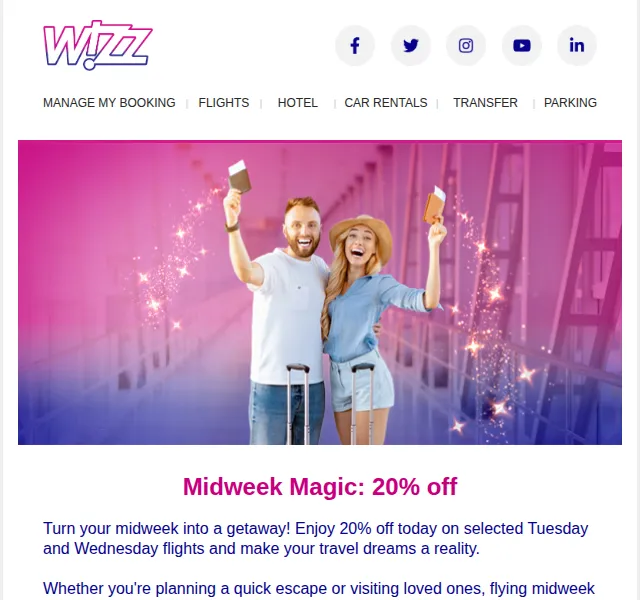 Wizz Air: 20% sleva na úterní a středeční letenky – březen 2026 | Nuslet.cz