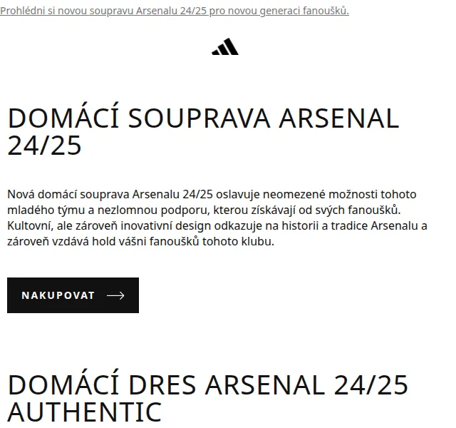 Adidas: Souprava Arsenal 24/25 – červenec 2026 | Nuslet.cz