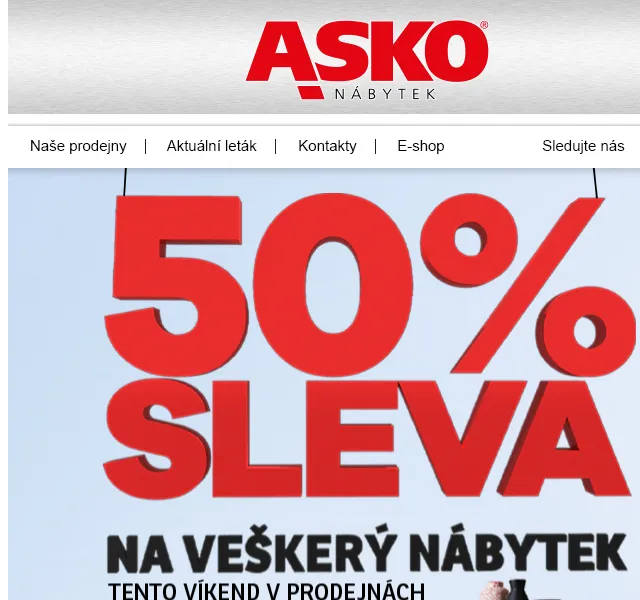 Asko Nábytek: 50% sleva na vše – červen 2026 | Nuslet.cz