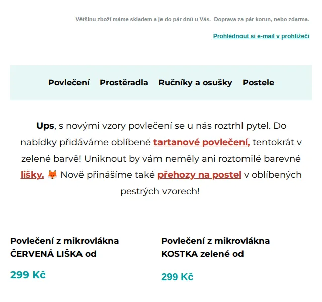 Výprodej povlečení: Zelený tartan a lišky od 299 Kč – červen 2024