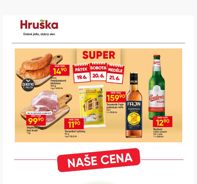 Hruška: Havlík tyčky 11,90 Kč, Božkov akce – červen 2026