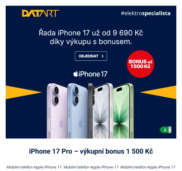 DATART: iPhone 17 s bonusem až 1 500 Kč – květen 2026