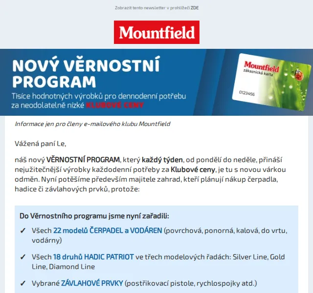 Mountfield: Čerpadla od 790 Kč, hadice a závlahy – březen 2026 | Nuslet.cz