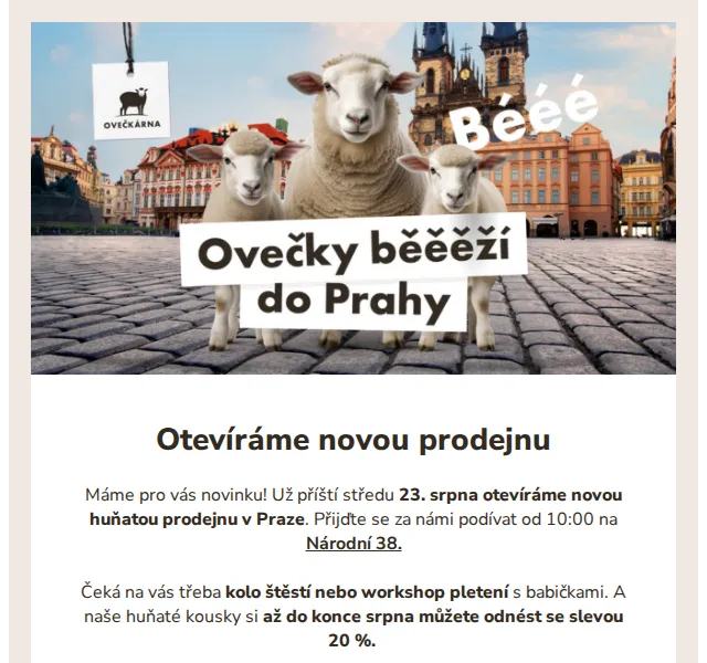 Ovečkárna: sleva 20 % na nové prodejně – červenec 2026 | Nuslet.cz