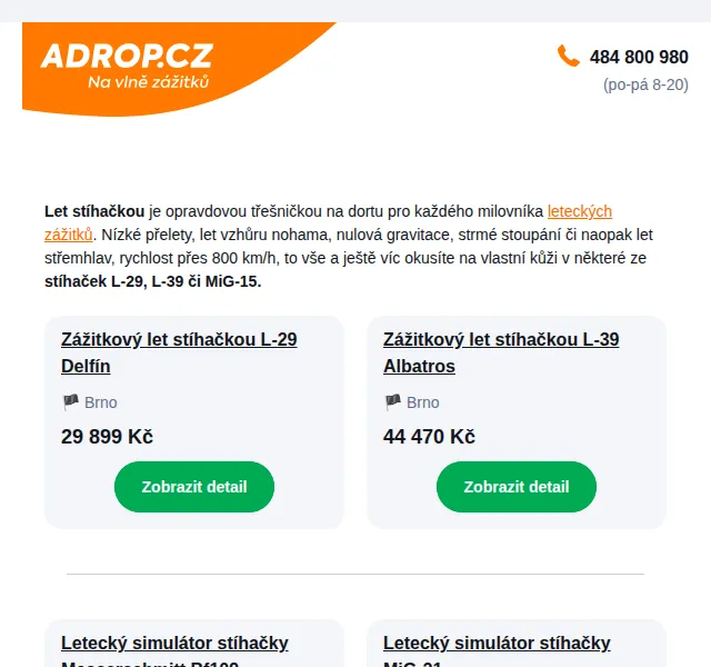 Adrop: Zážitkové lety stíhačkou a dárky pro milovníky létání – červenec 2026 | Nuslet.cz