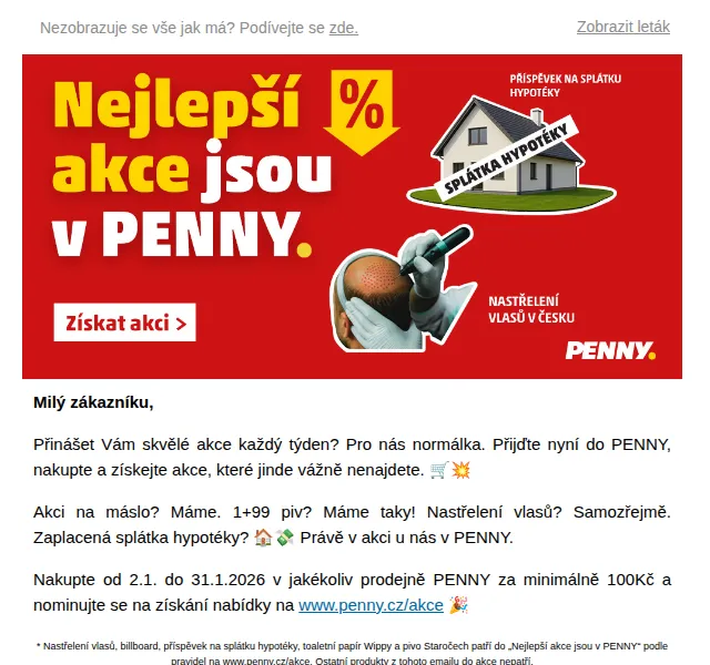 Penny: Máslo v akci, hypotéka a nastřelení vlasů – leden 2026 | Nuslet.cz
