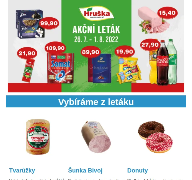 Váš HRUŠKA tým: Leták s tvarůžky, šunkou a donuty – červenec 2026 | Nuslet.cz