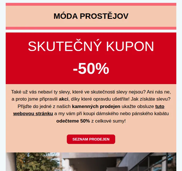 Móda Prostějov: sleva 50 % na kabáty – červenec 2026 | Nuslet.cz